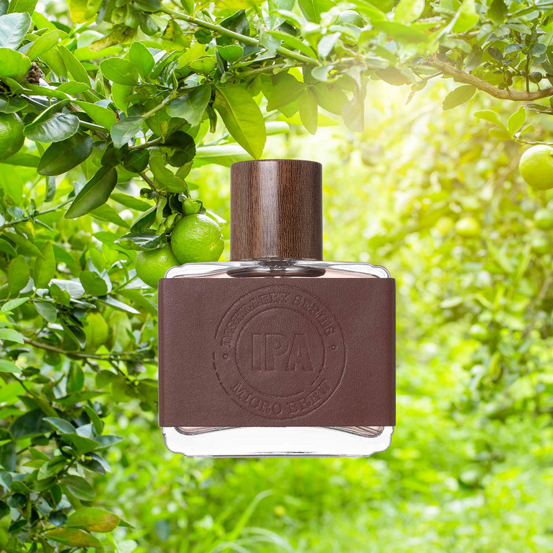 IPA citrus cologne brown leather wood cap green lemon trees background
