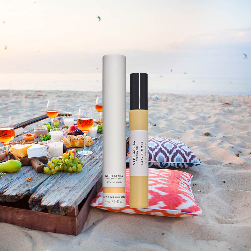 Lazy summer vial beach and table with food sea perfume