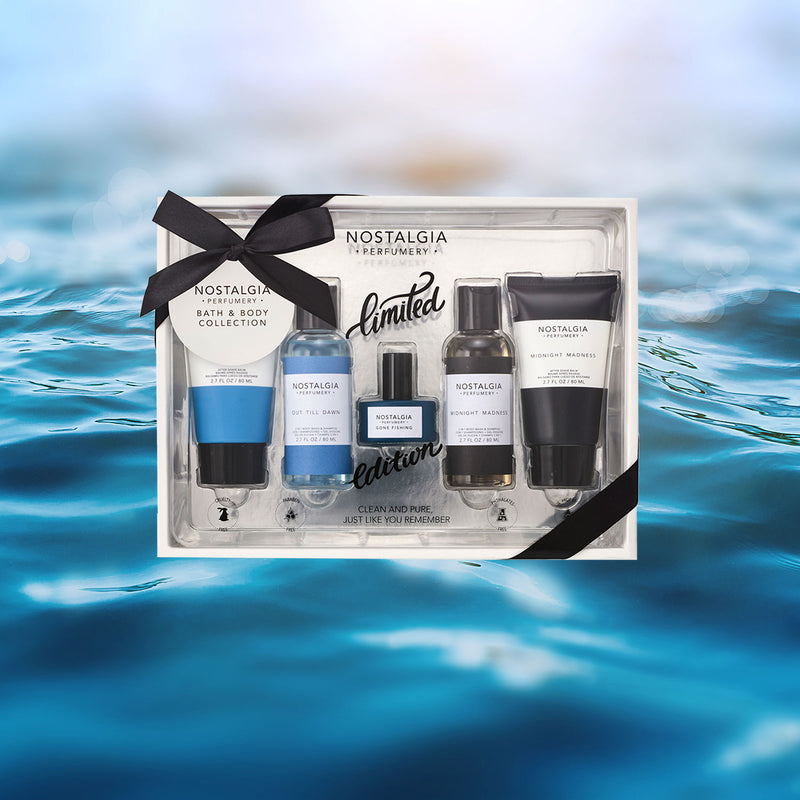 Gift fragrances nostalgia men sea waves blue background