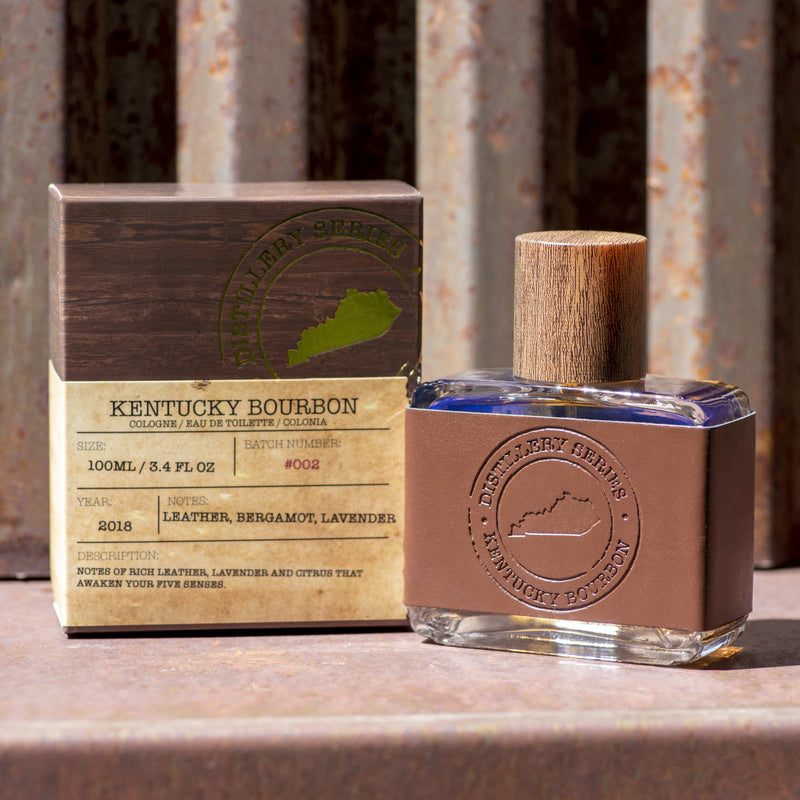 Kentucky Bourbon Cologne bottle in leather and box