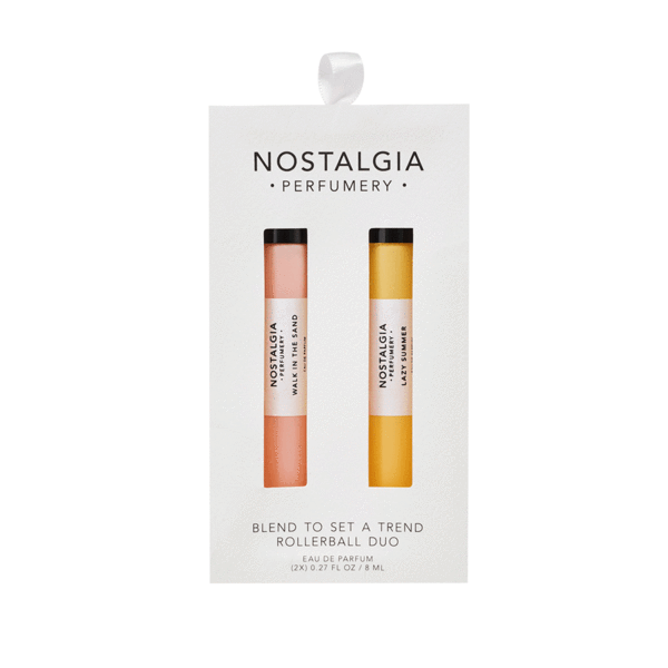 2 rollerballs from Nostalgia Perfumery in white case for a gift or trip