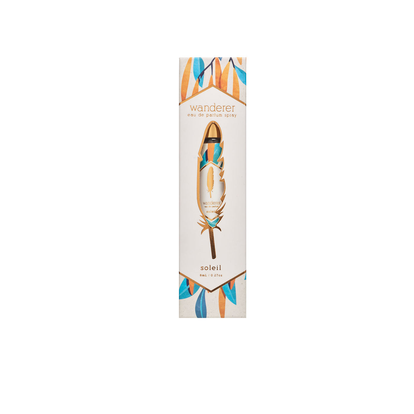 Wanderer Soleil fruity perfume in a white case with the feather shape window