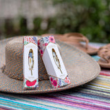 Wanderer travel spray on a floppy hat in the beach