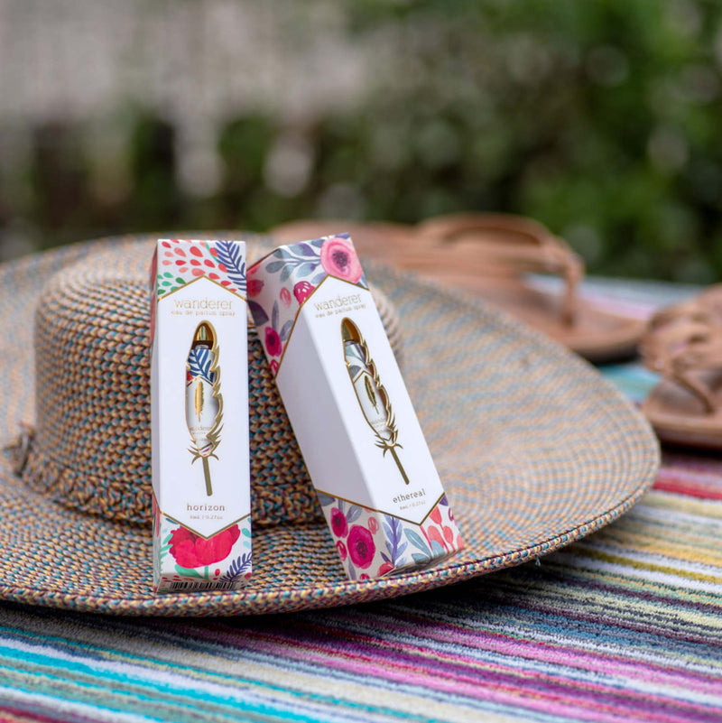 Wanderer travel spray on a floppy hat in the beach