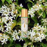 Luna mist white flowers jasmine green leaves background golden cap
